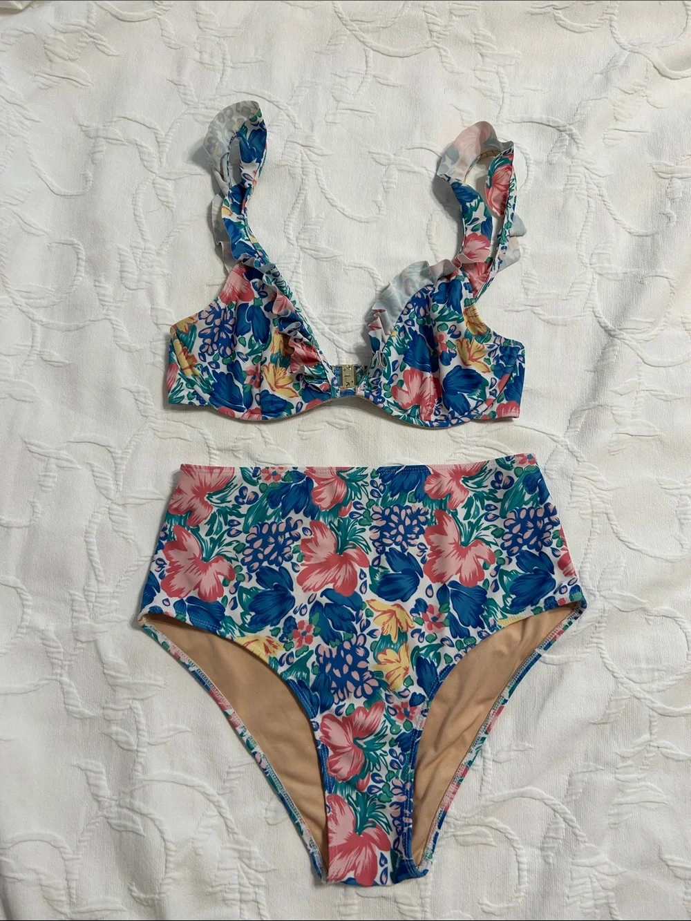 Faithful The Brand Ruffle-Shoulder Floral High-Waist Bikini in Blue & Pink